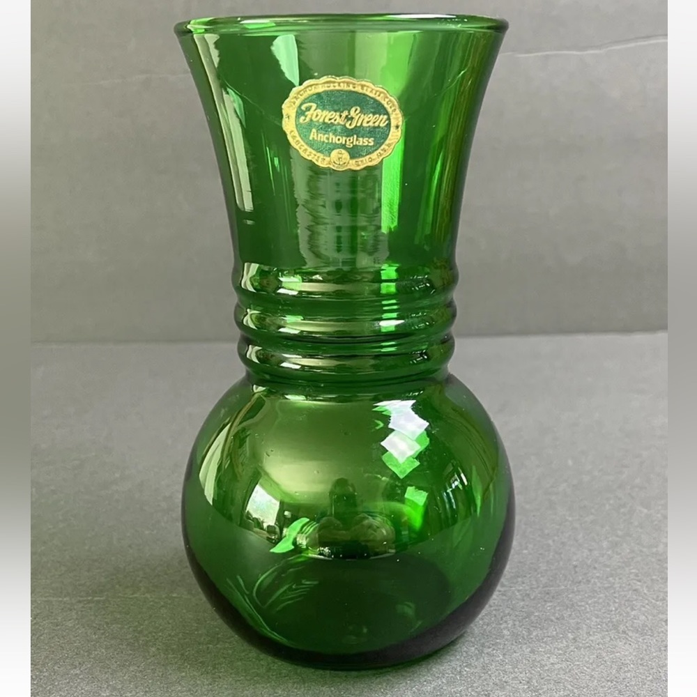 Vintage Anchor Hocking Forest Green Glass Vase rare original label